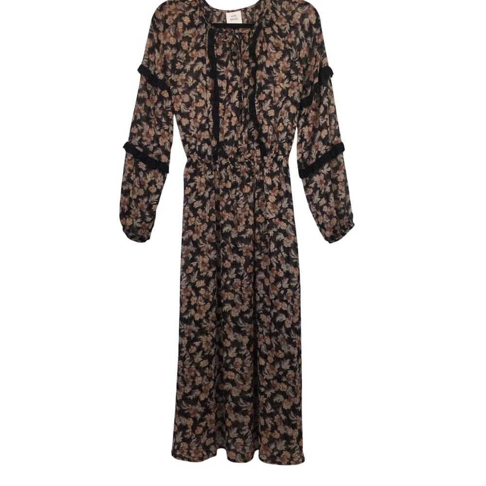Knox Rose Dark Cottagecore Keyhole Ruffle Sheer Floral Black Maxi Dress Size S